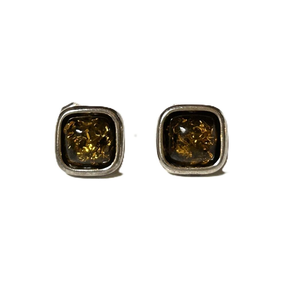 Pre-owned Gold Plated 1/2 inch Square Amber Stud Earrings